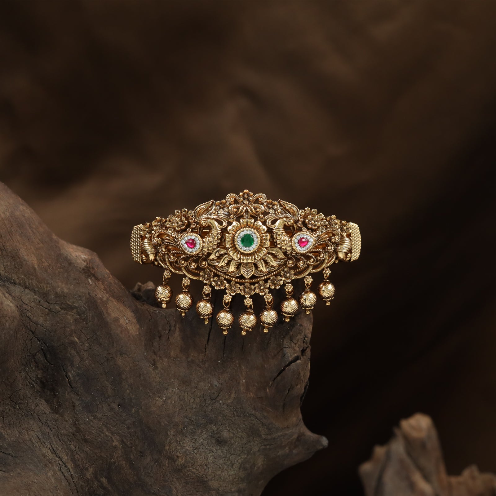 Floral Pavilion Hair Clip with Intricate Scrollwork Panels and Hanging Dangles