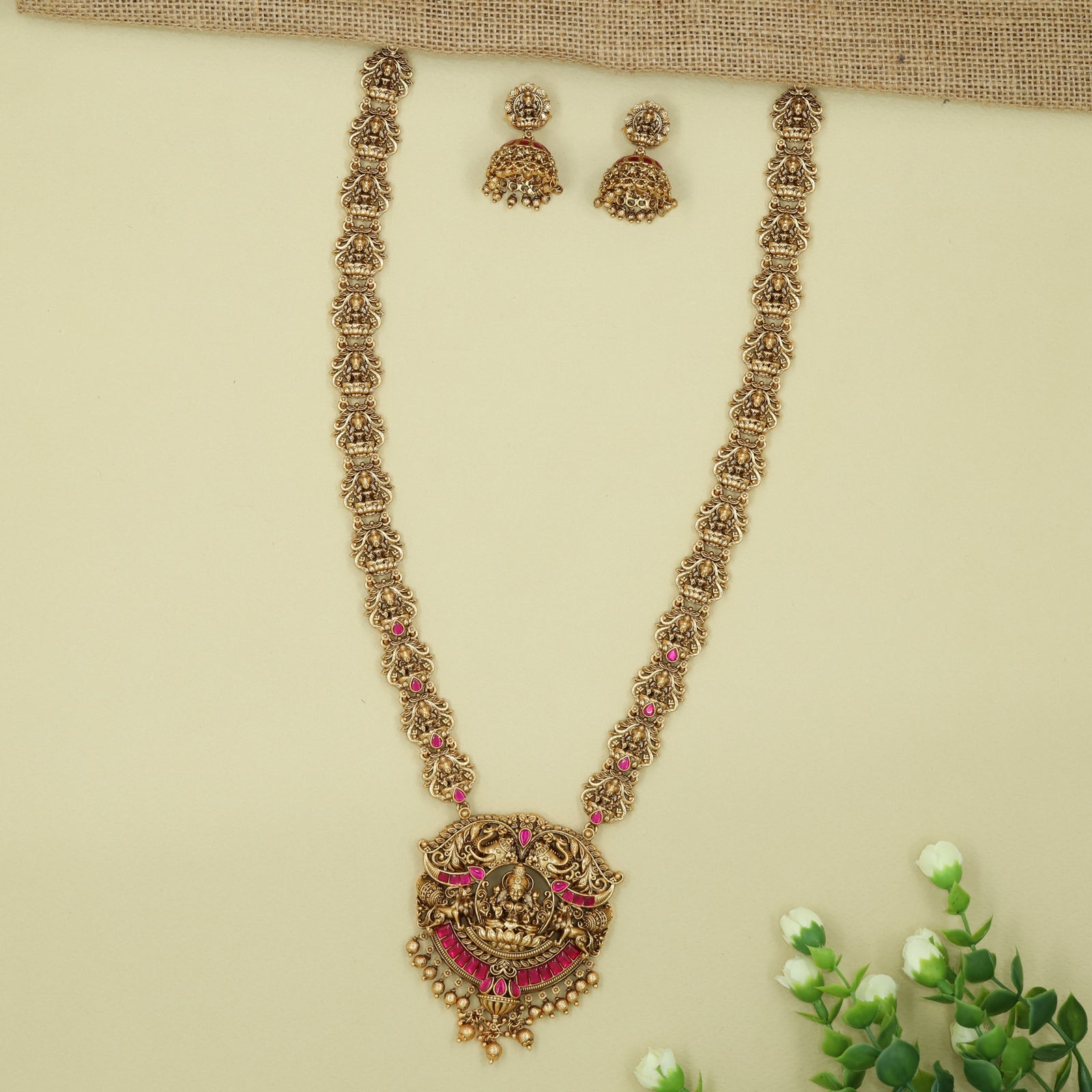 Mandarika Lakshmi Temple Long Haara with Sculpted Deity Panels and Grand Pendant
