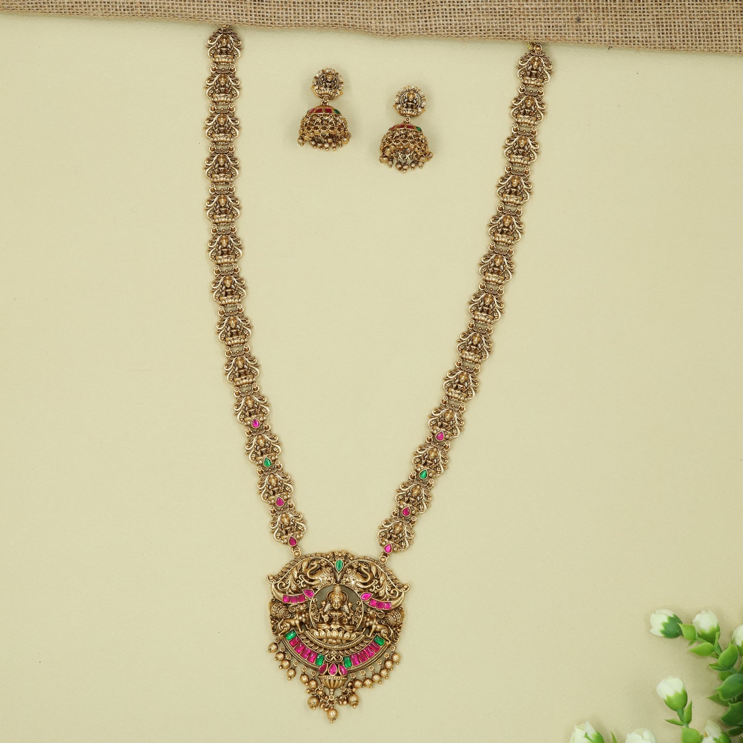 Mandarika Lakshmi Temple Long Haara with Sculpted Deity Panels and Grand Pendant