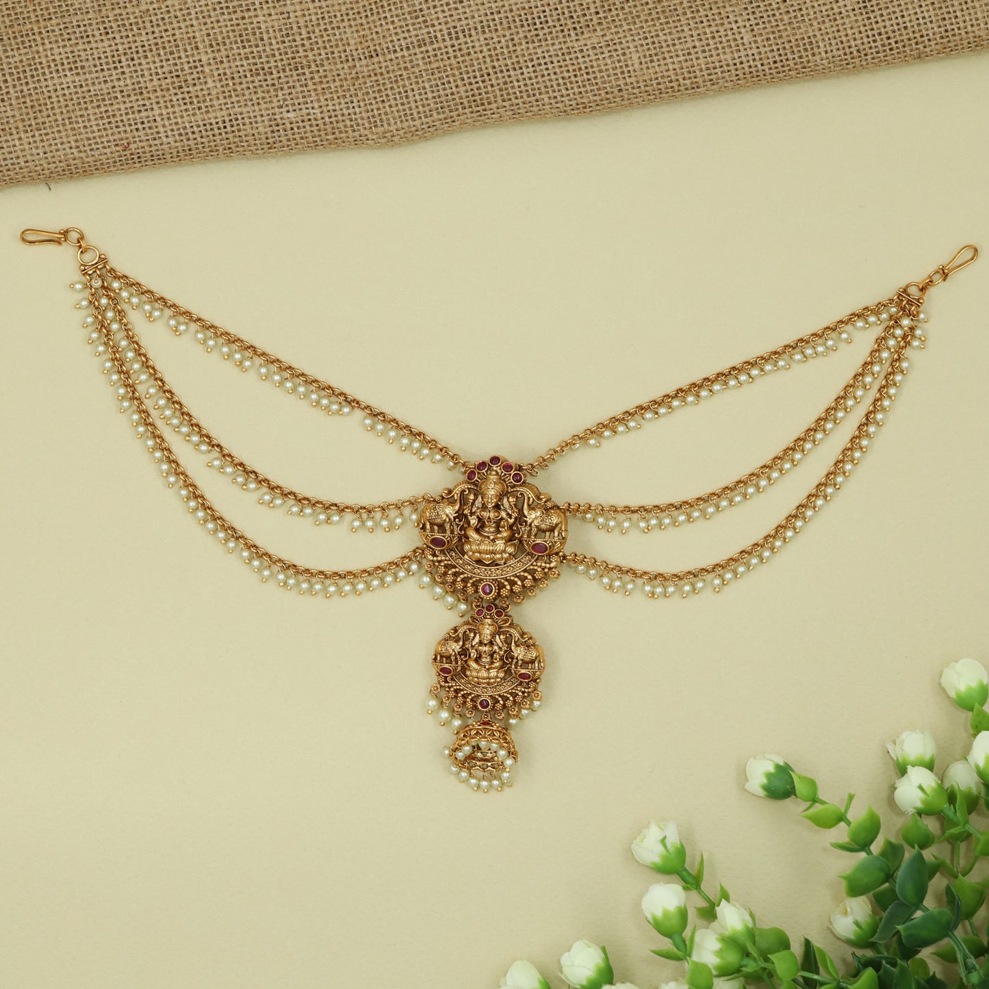 Majestic Goddess Centre Jade Bille with Layered Mati Pearl Chains