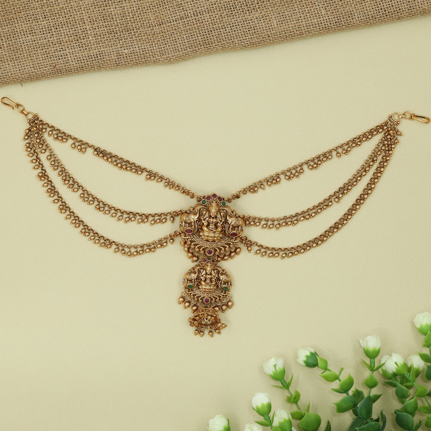 Divine Temple Lakshmi Jade Bille with Flowing Mati Chain Drapes and Pendant Layers
