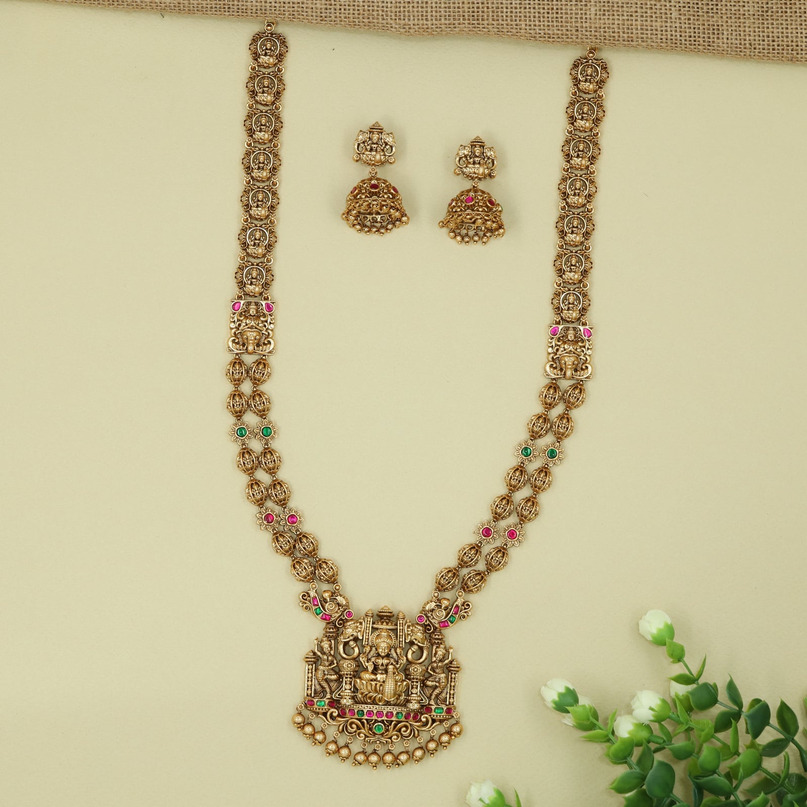 Exquisite Lakshmi Shrine Long Haara with Heritage Motif Links and Pendant Drop