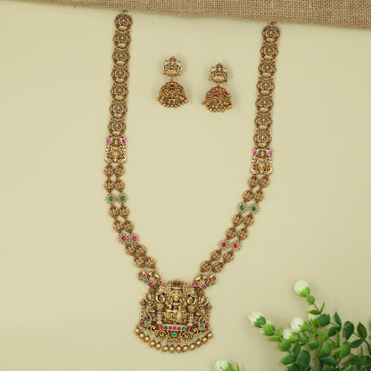 Exquisite Lakshmi Shrine Long Haara with Heritage Motif Links and Pendant Drop