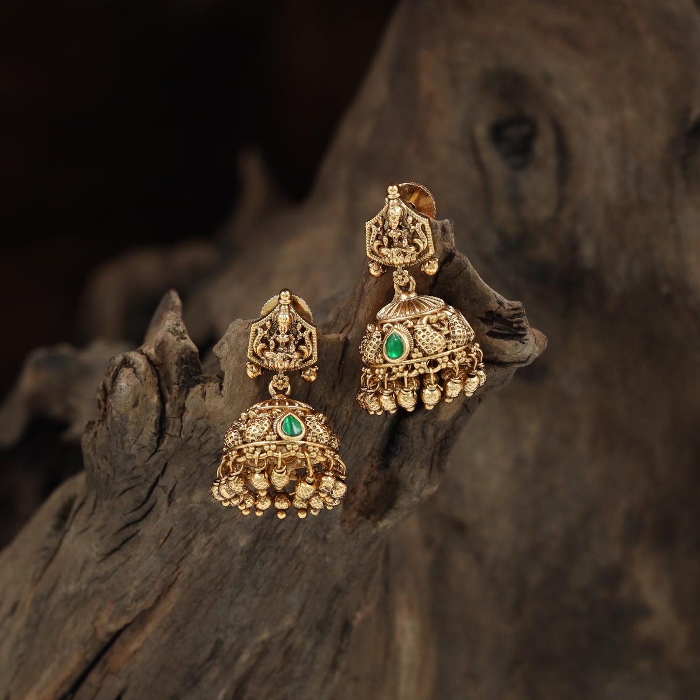 Grand Heritage Jhumka Earrings with Lakshmi Panel and Bell Drops