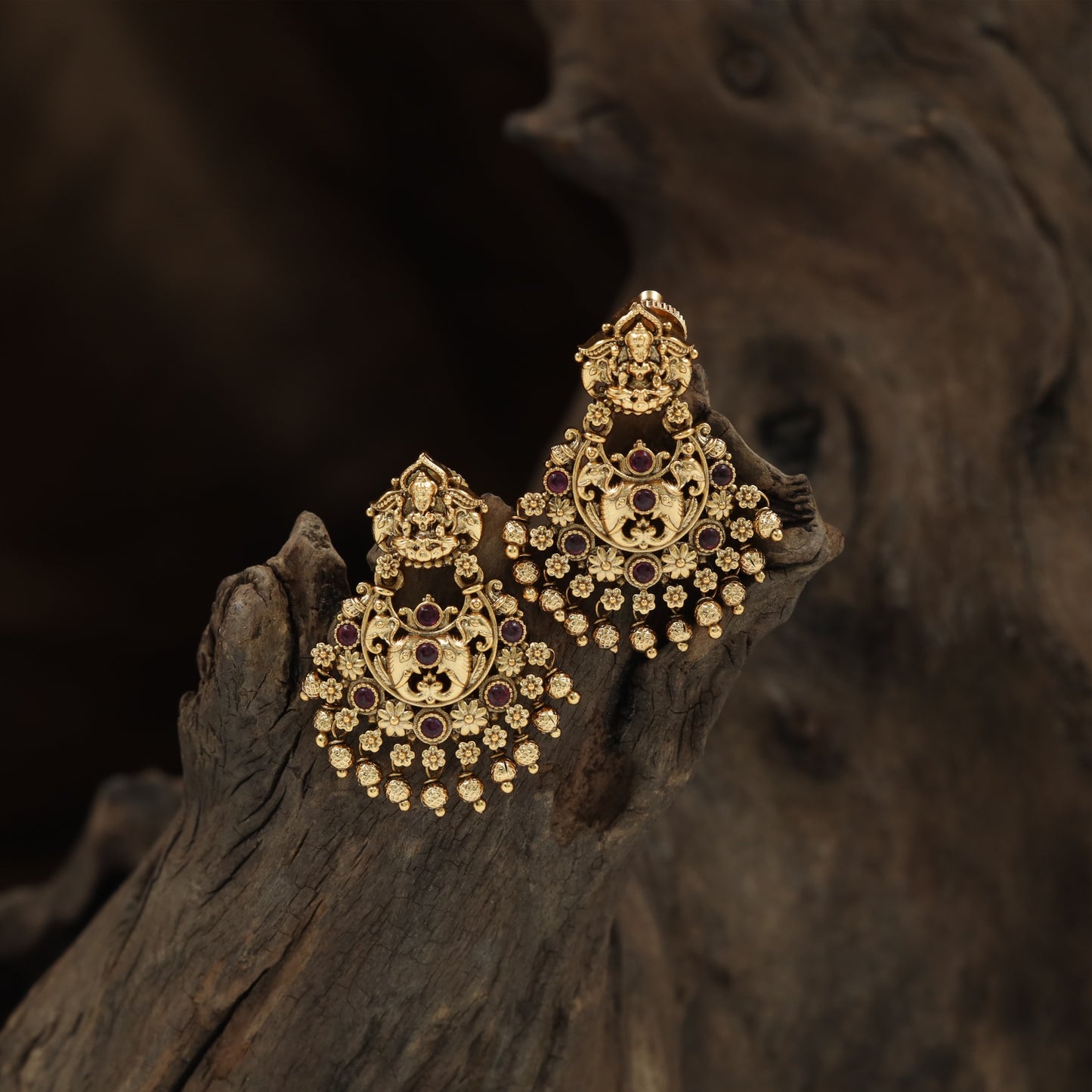 Traditional Lakshmi Motif Hanging Earrings with Detailed Floral Fringe