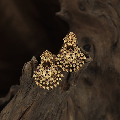 Traditional Lakshmi Motif Hanging Earrings with Detailed Floral Fringe