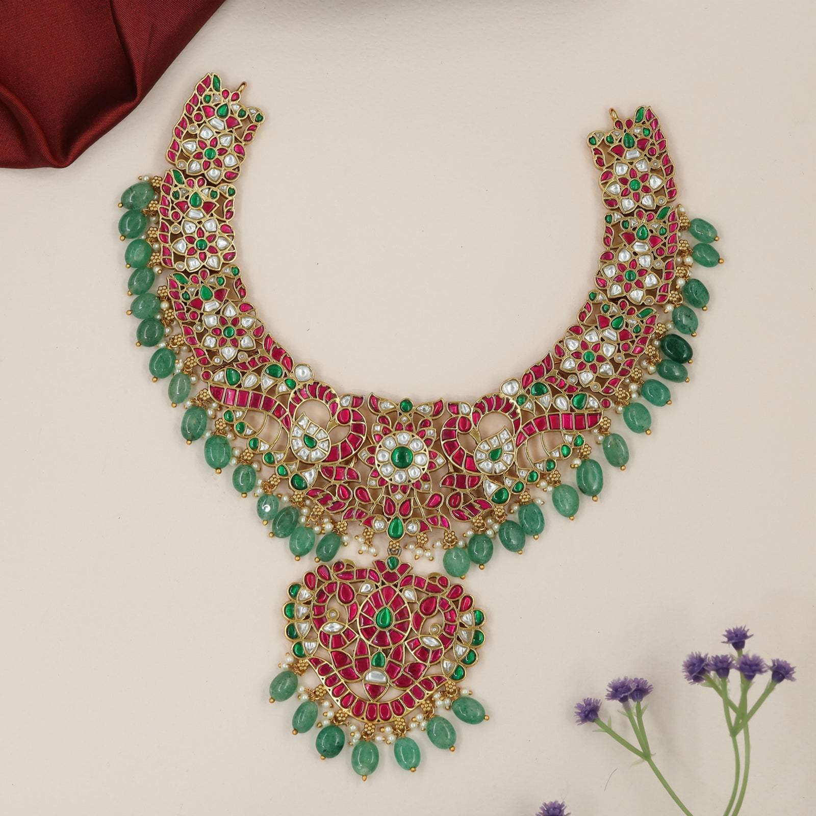 Graceful Peacock Motif Jadau Necklace with Statement Heart Shape Pendant