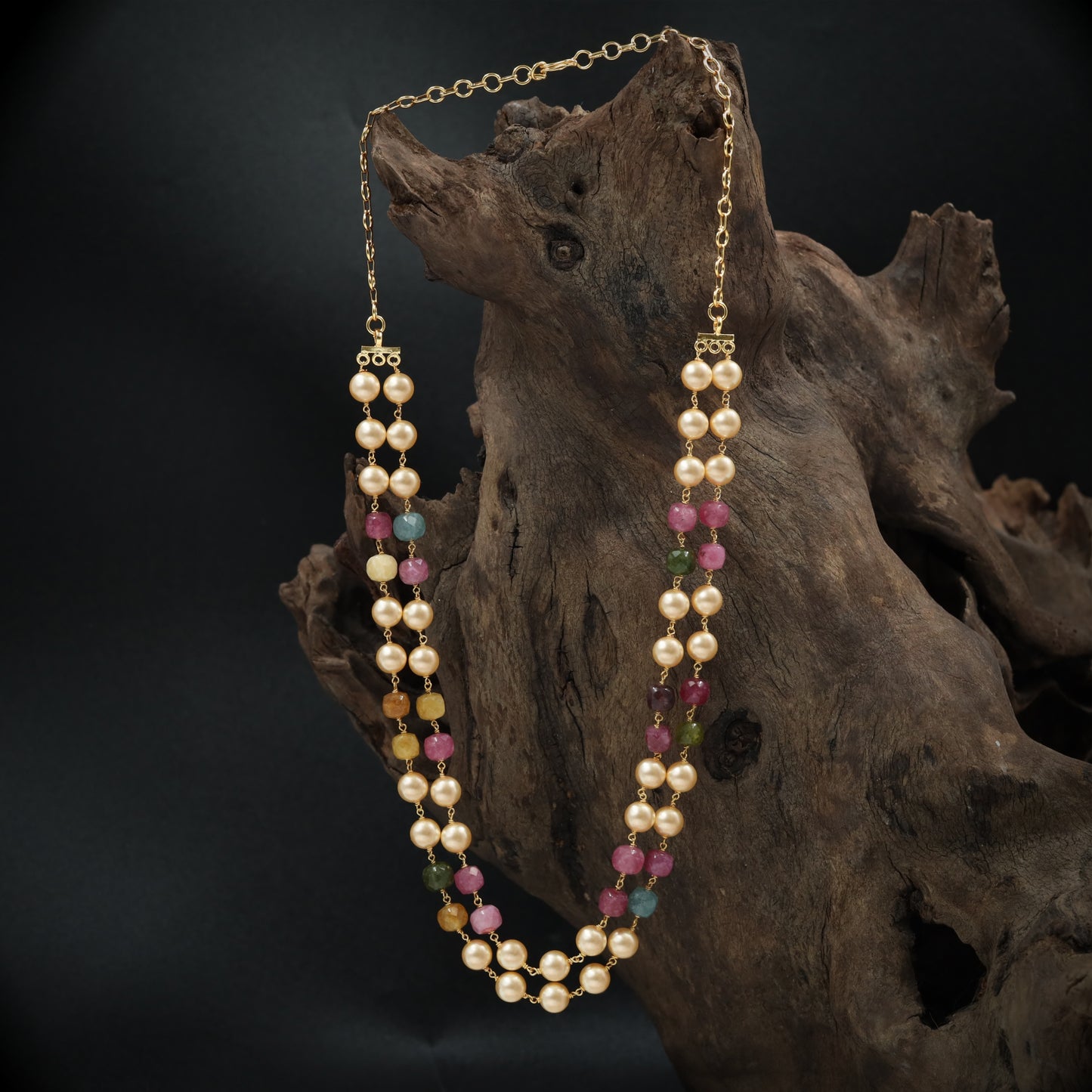 Stylish Double Strand with Pearl Rows and Defined Cube Accents