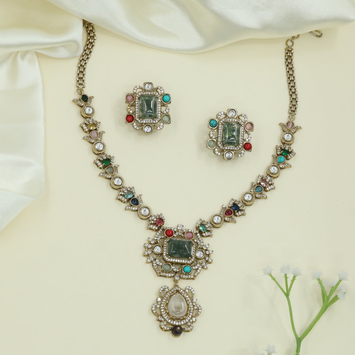 Multicolor Accent Kundan Necklace with Rectangular Center Panels and Drop Pendant