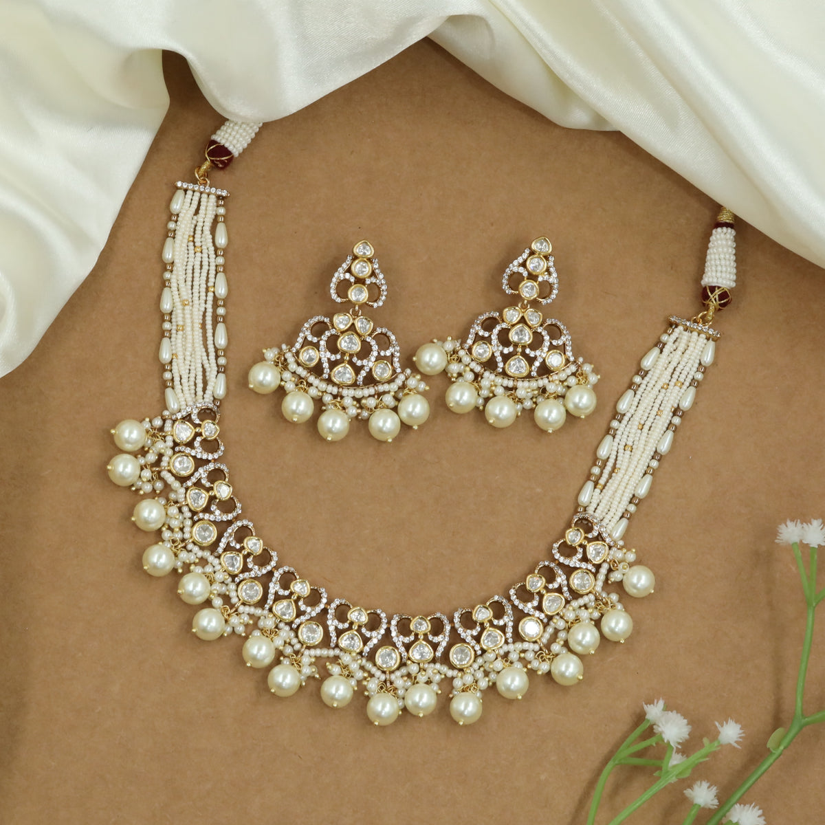 Graceful Beaded Side Necklace with Clustered Kundan Work and Pearl Drop Border