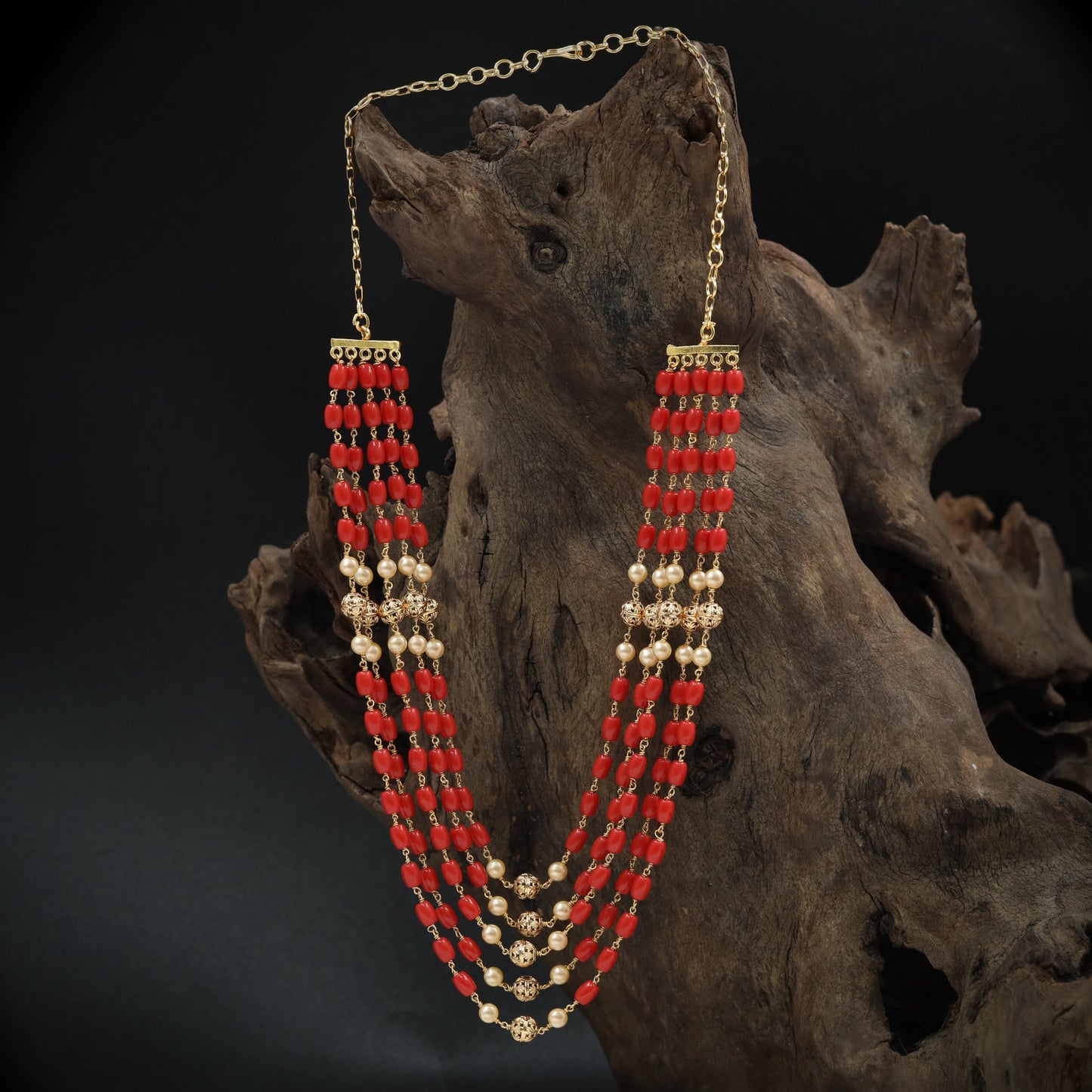 Striking Multi Row Beads Chain with Textured Spheres and Lower Drapes