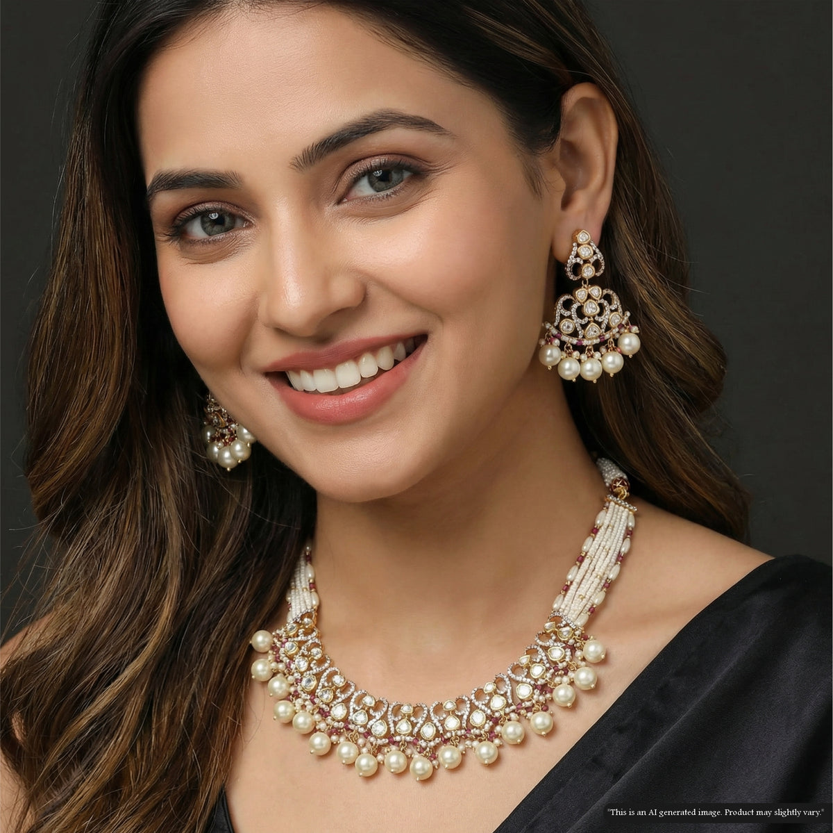 Graceful Beaded Side Necklace with Clustered Kundan Work and Pearl Drop Border