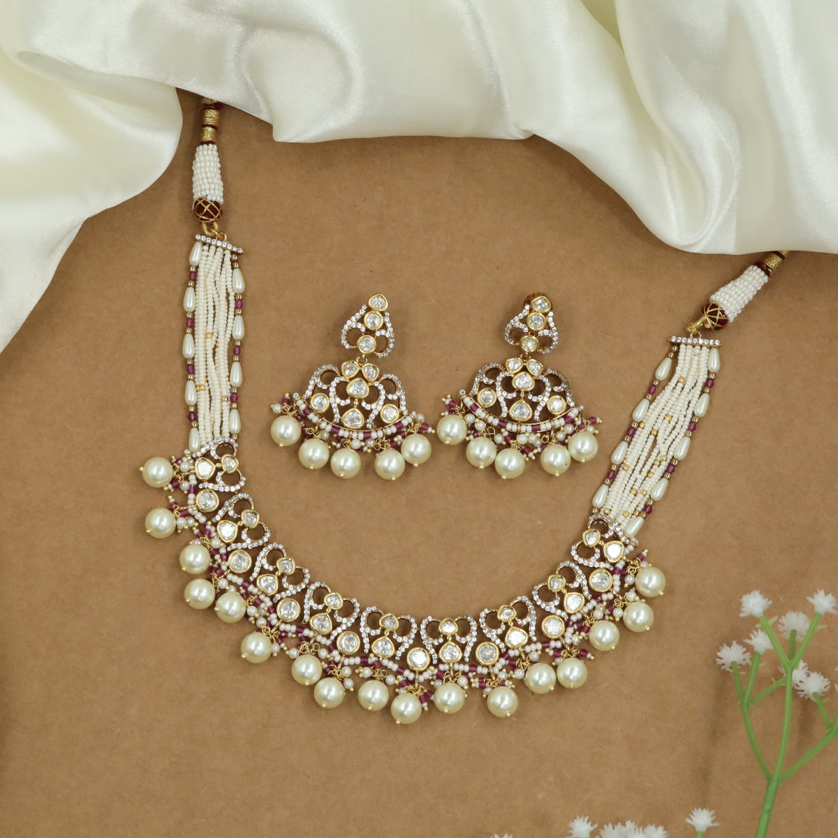 Graceful Beaded Side Necklace with Clustered Kundan Work and Pearl Drop Border