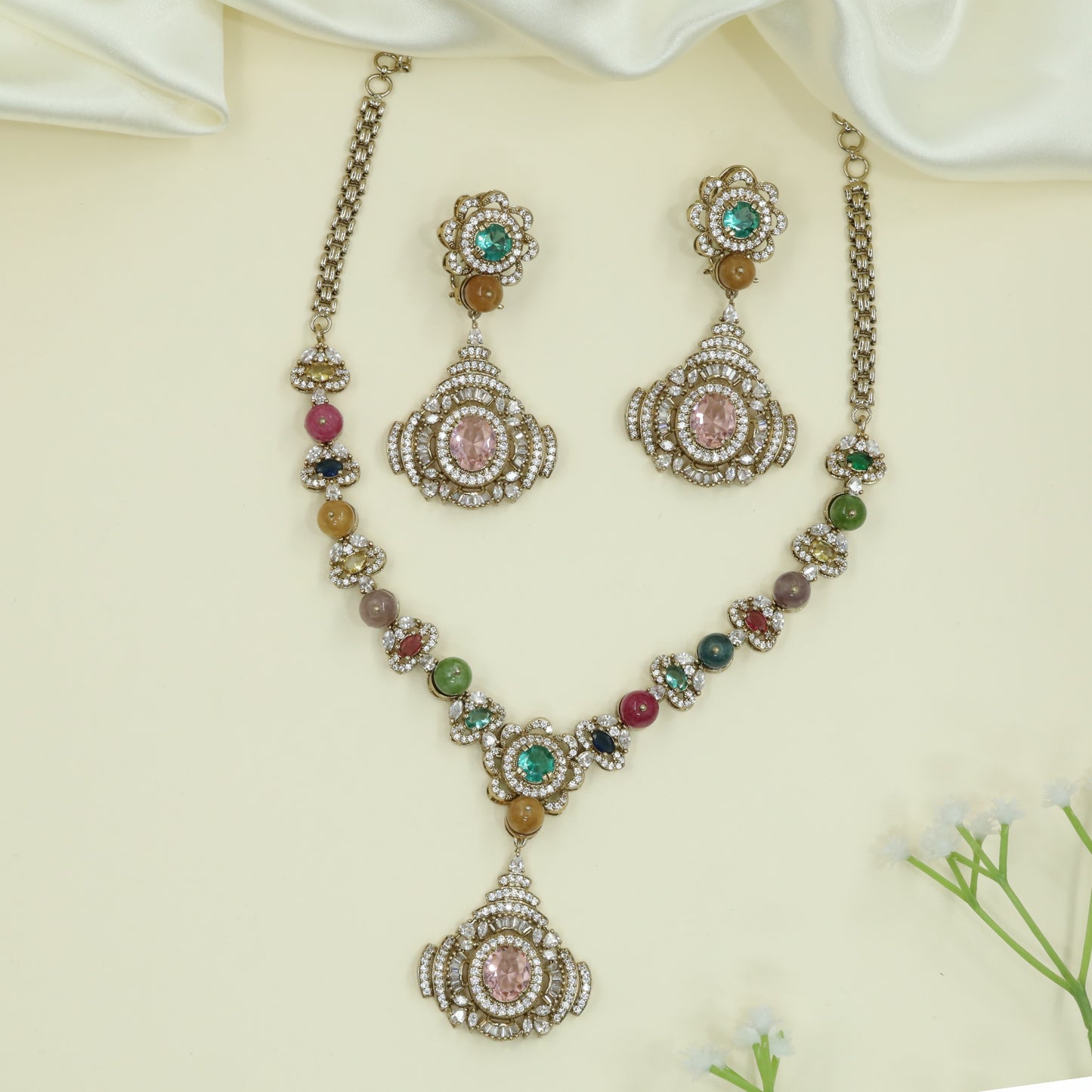 Gilded Bead Necklace with Repeating Floral Connectors and Tiered Pendant