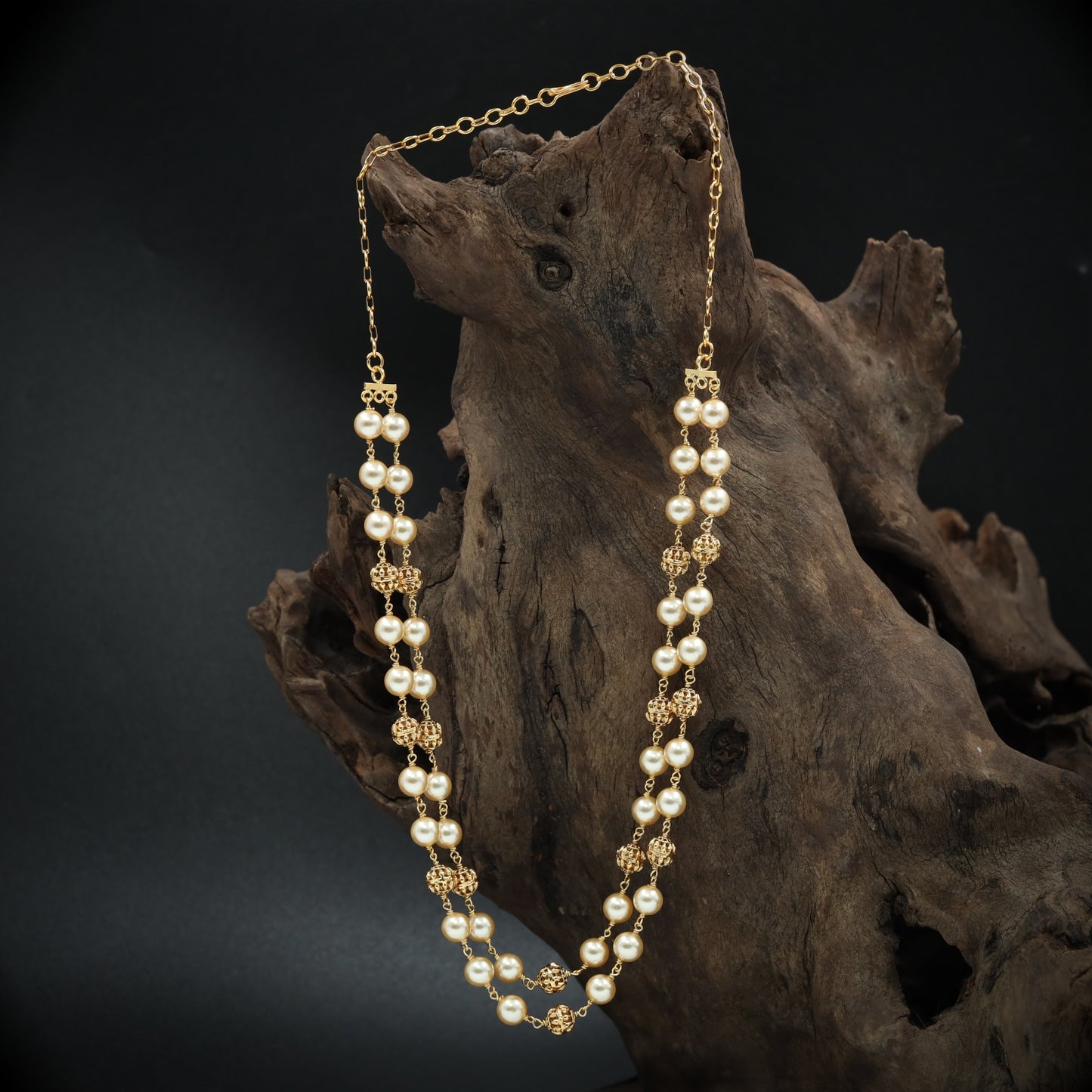 Double Strand Beads Chain with Pearl Clusters and Filigree Accents