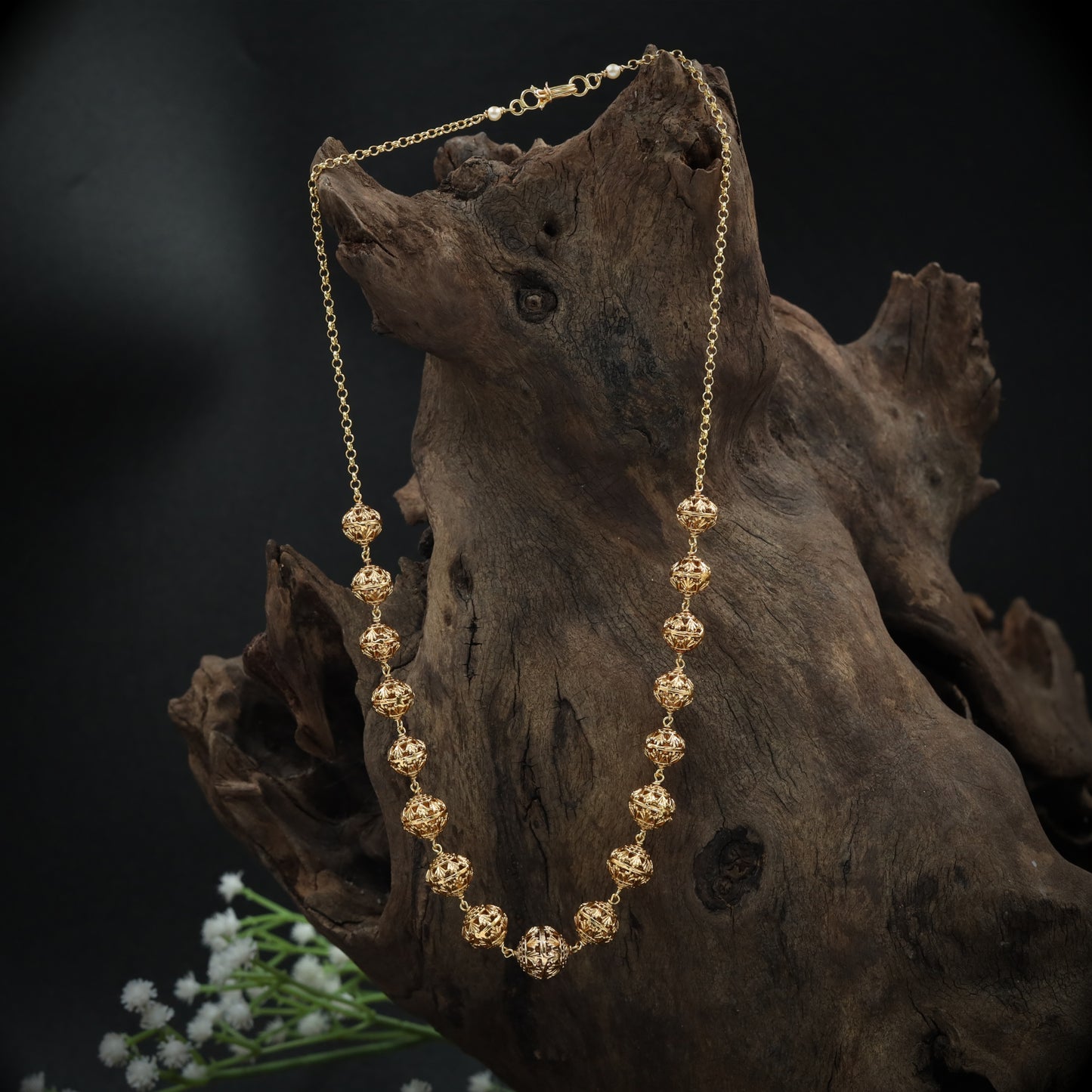 Textured Gold Beads Chain with Filigree Ball Detailing