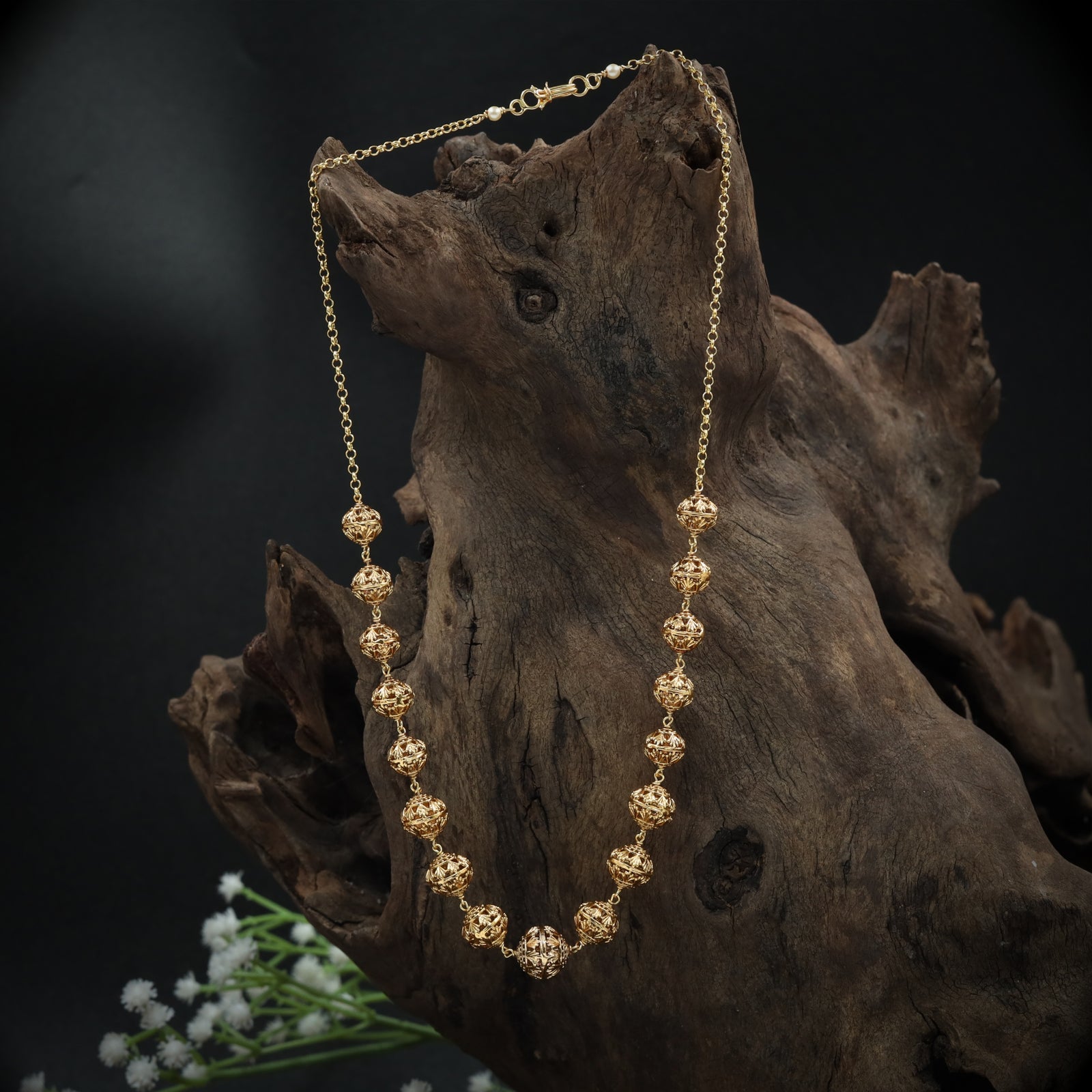 Textured Gold Beads Chain with Filigree Ball Detailing