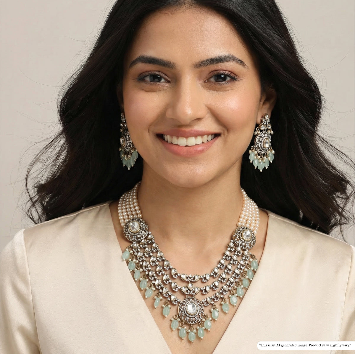 Draped Multi Strand Necklace with Central Kundan Layers and Hanging Drop Accents