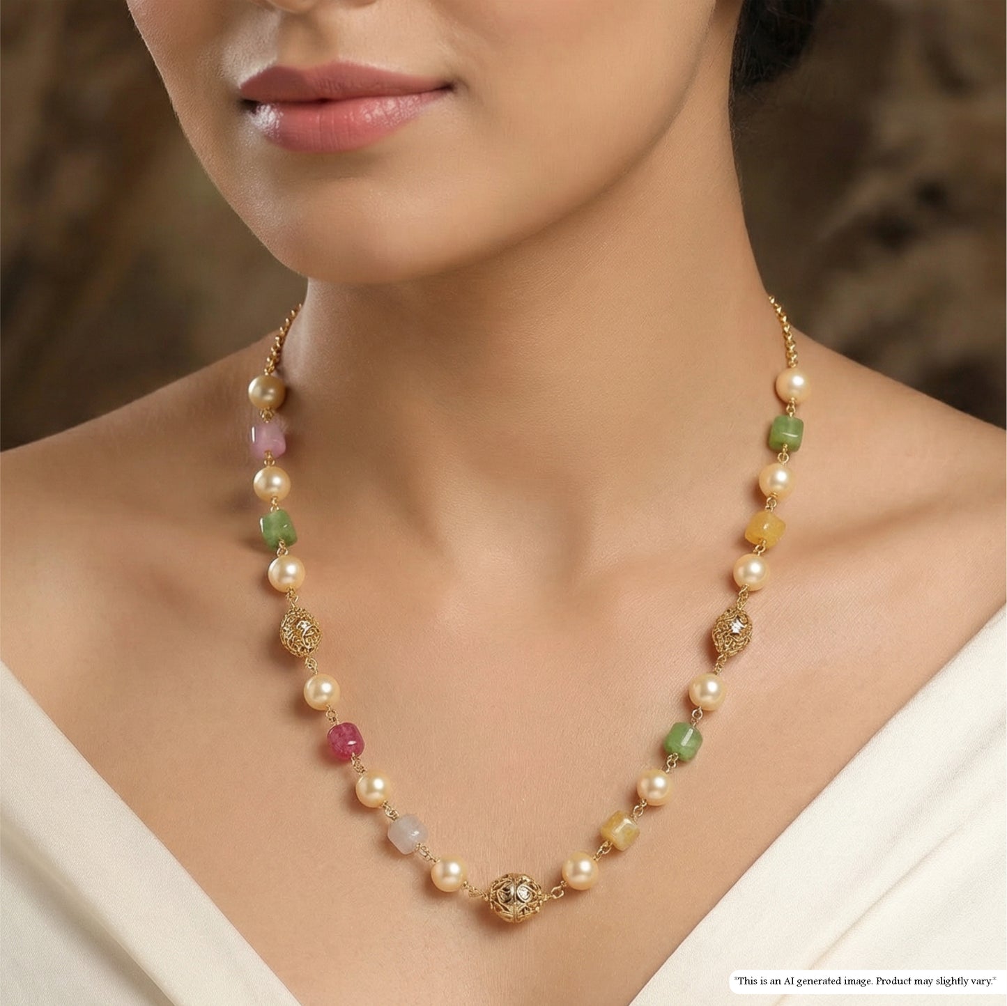 Graceful Pearl Bead with Alternating Accent Beads and Textured Gold Details