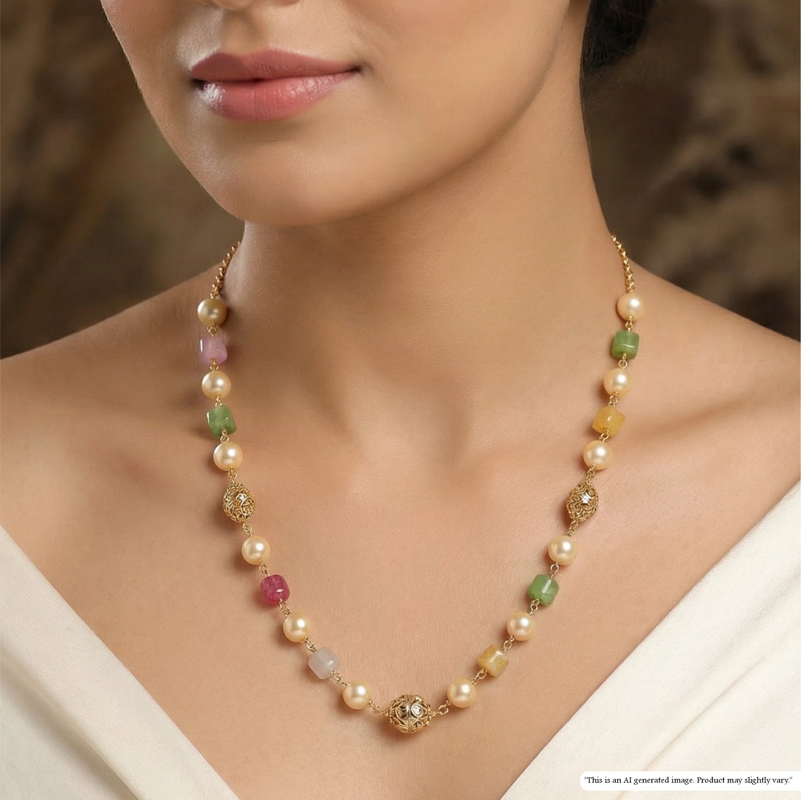 Graceful Pearl Bead with Alternating Accent Beads and Textured Gold Details