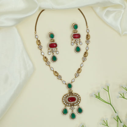 Classic Elephant Detail Kundan Necklace with Oval Pendant and Dangling Ends