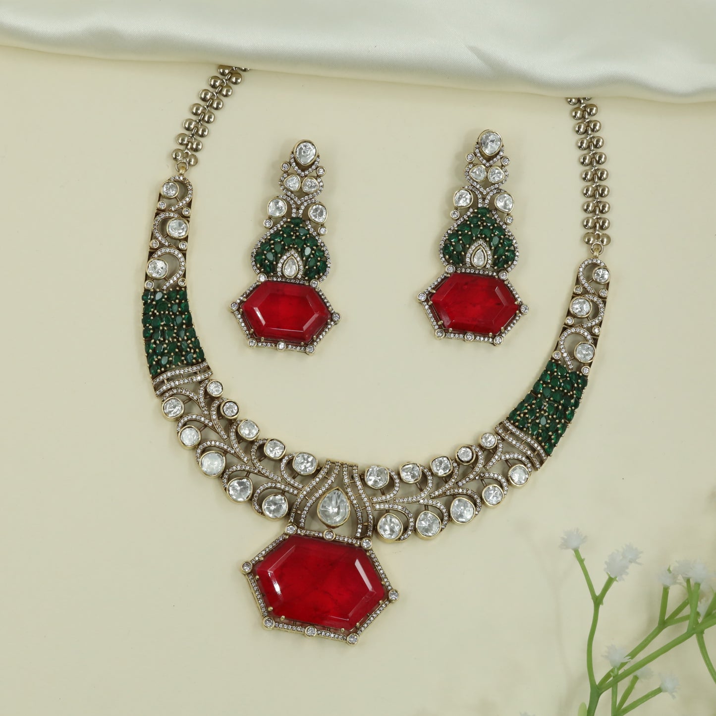 Hexagon Pendant Kundan Necklace with Stone Set Curve and Drop Accent