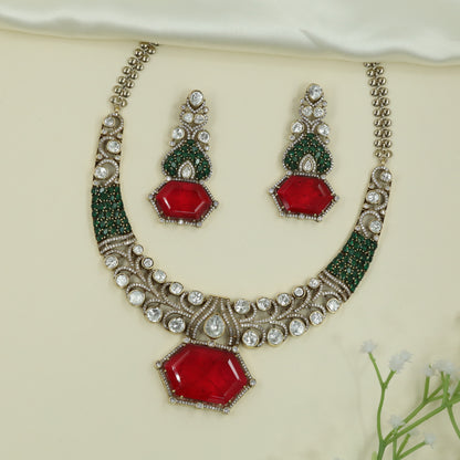 Hexagon Pendant Kundan Necklace with Stone Set Curve and Drop Accent