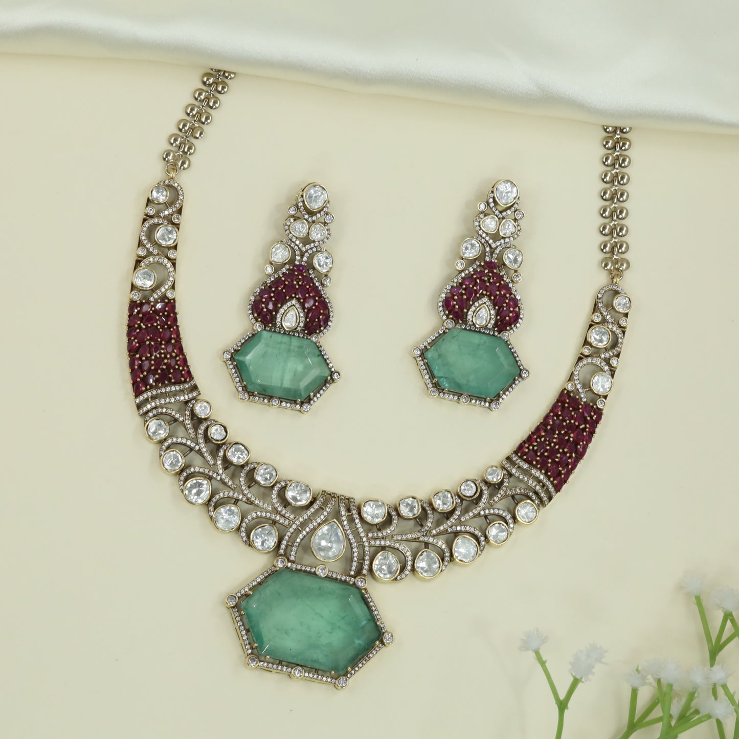 Hexagon Pendant Kundan Necklace with Stone Set Curve and Drop Accent