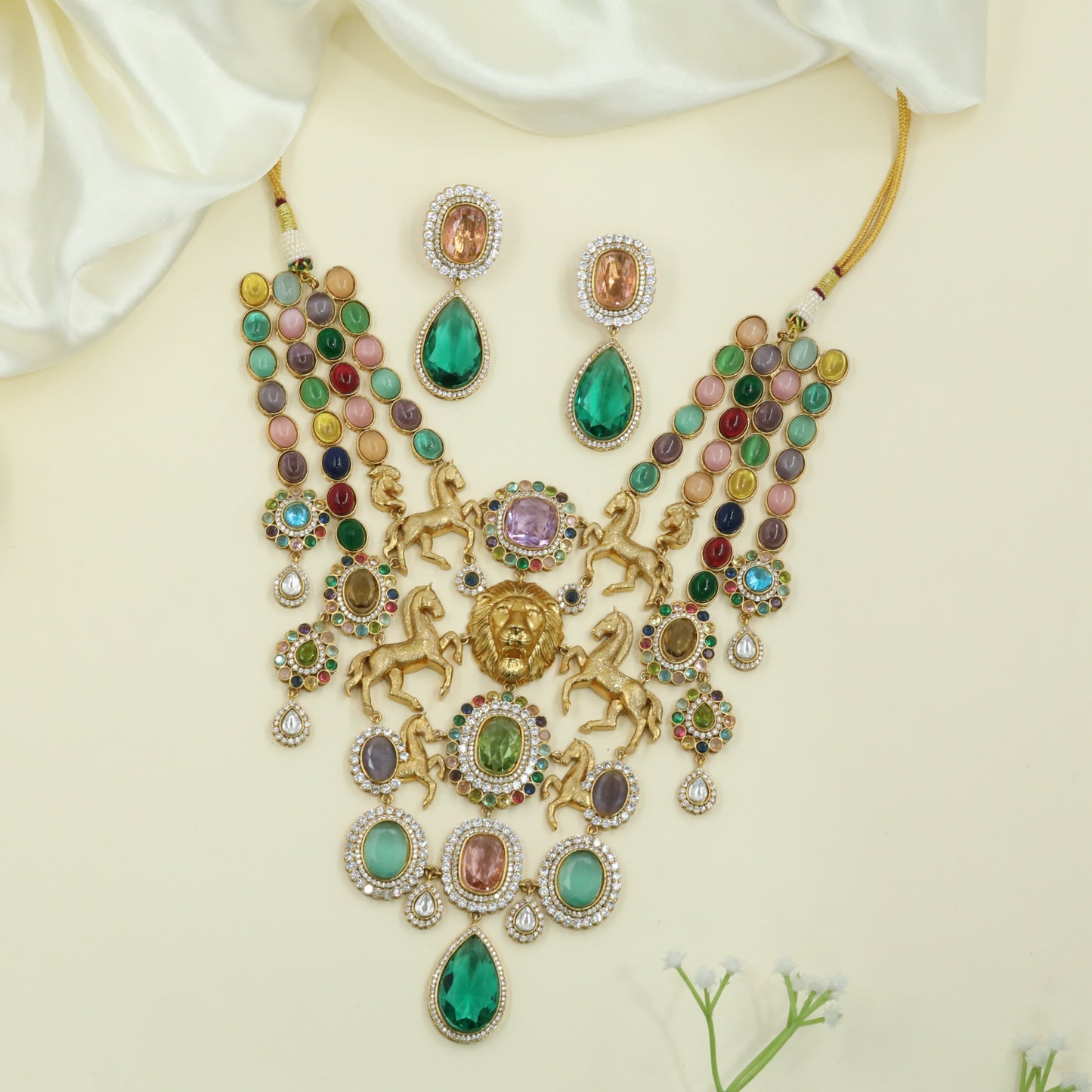 Regal Lion Motif Kundan Long Haara with Horse Figures and Multicolor Panel Strands