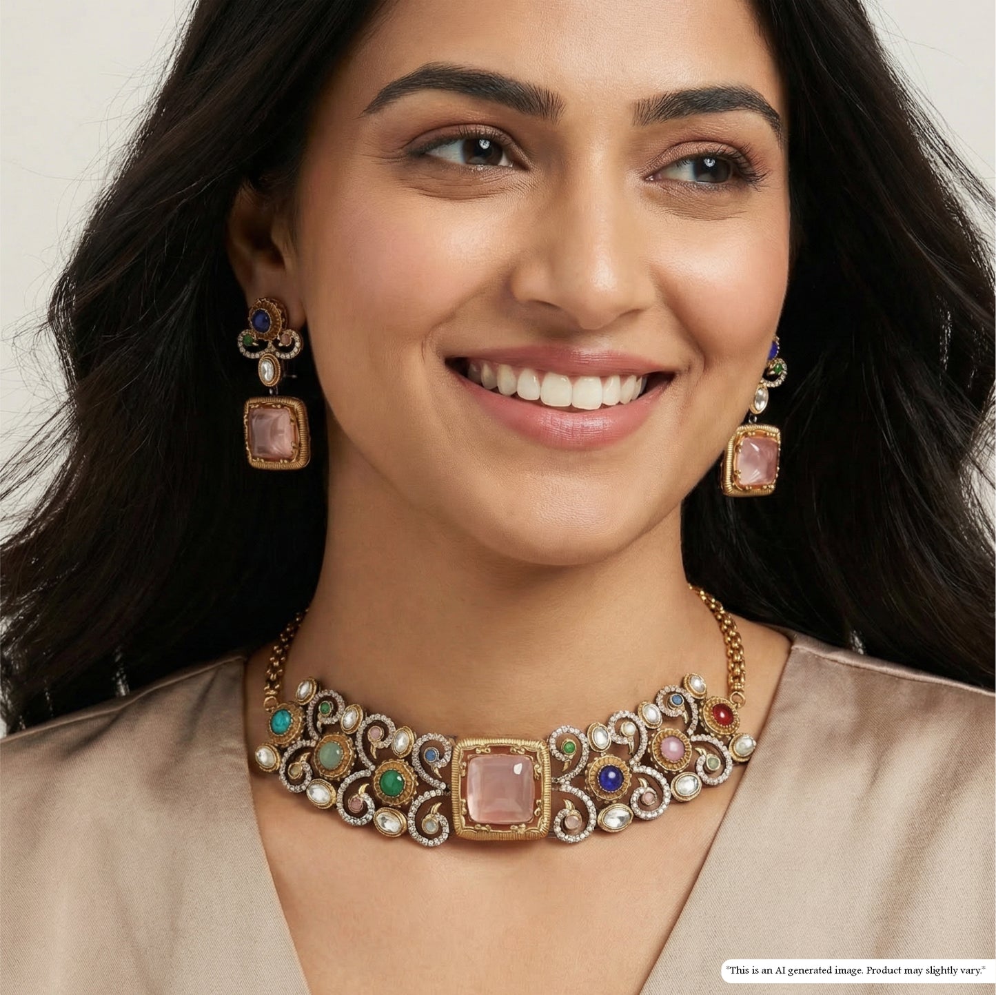 Scrolled Filigree Kundan Choker with Multicolor Accents and Square Center Panel