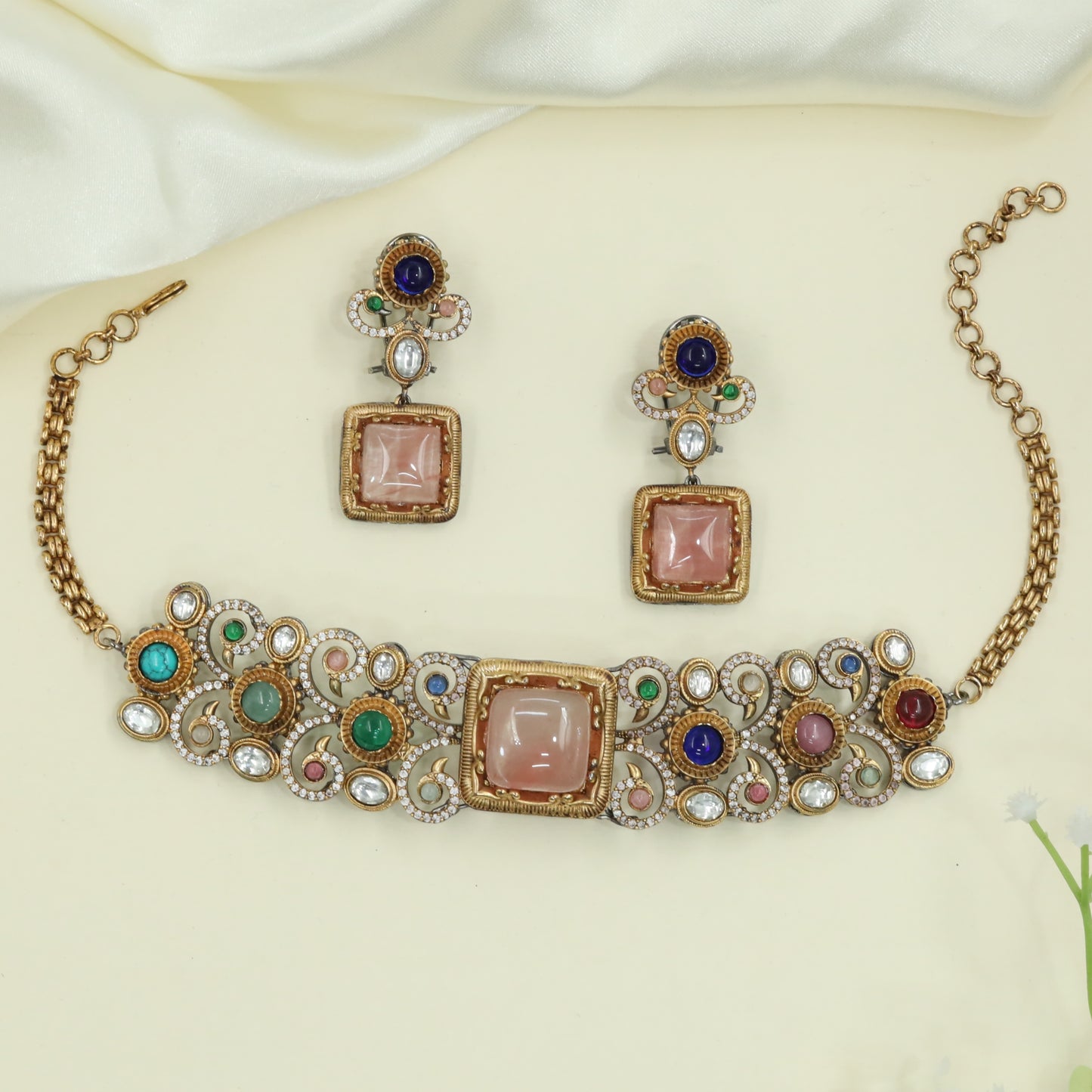 Scrolled Filigree Kundan Choker with Multicolor Accents and Square Center Panel
