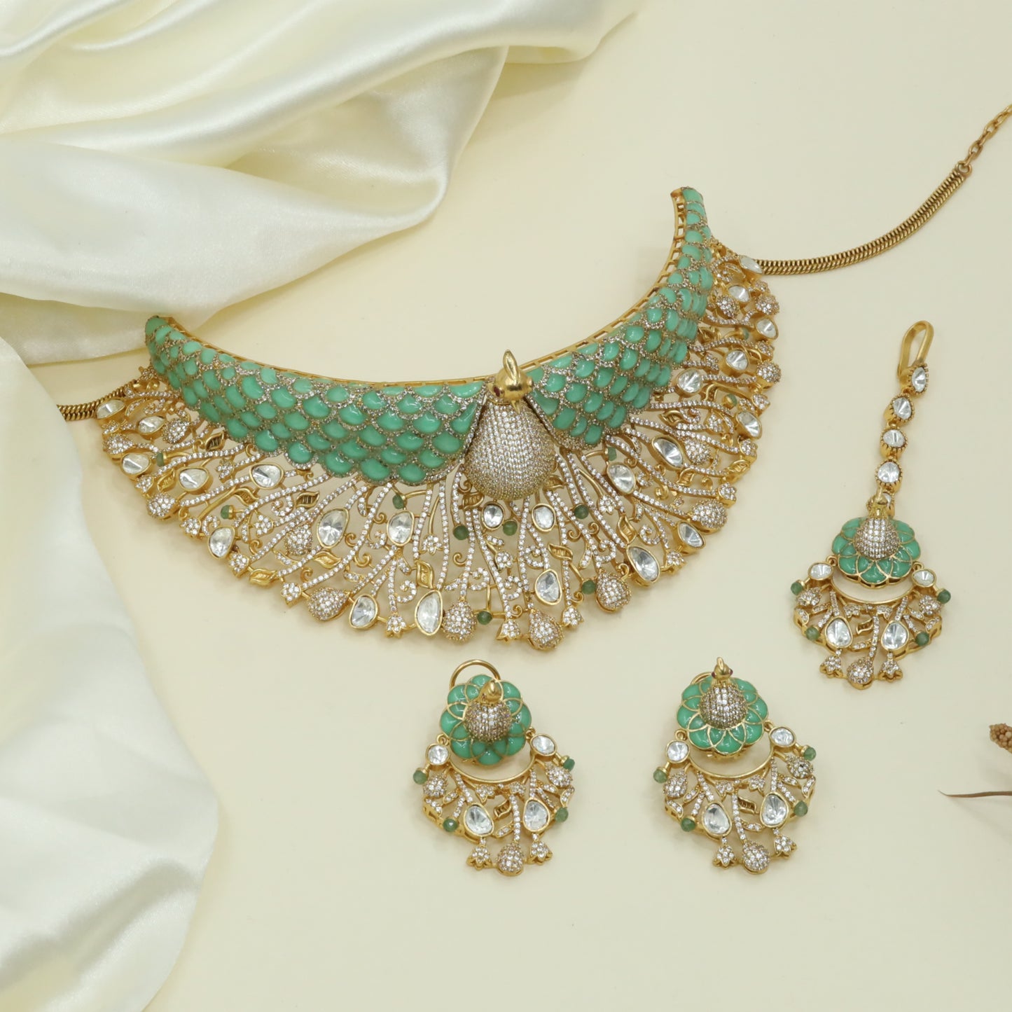 Peacock Spread Pattern Kundan Choker with Teardrop Layout and Dome Highlight