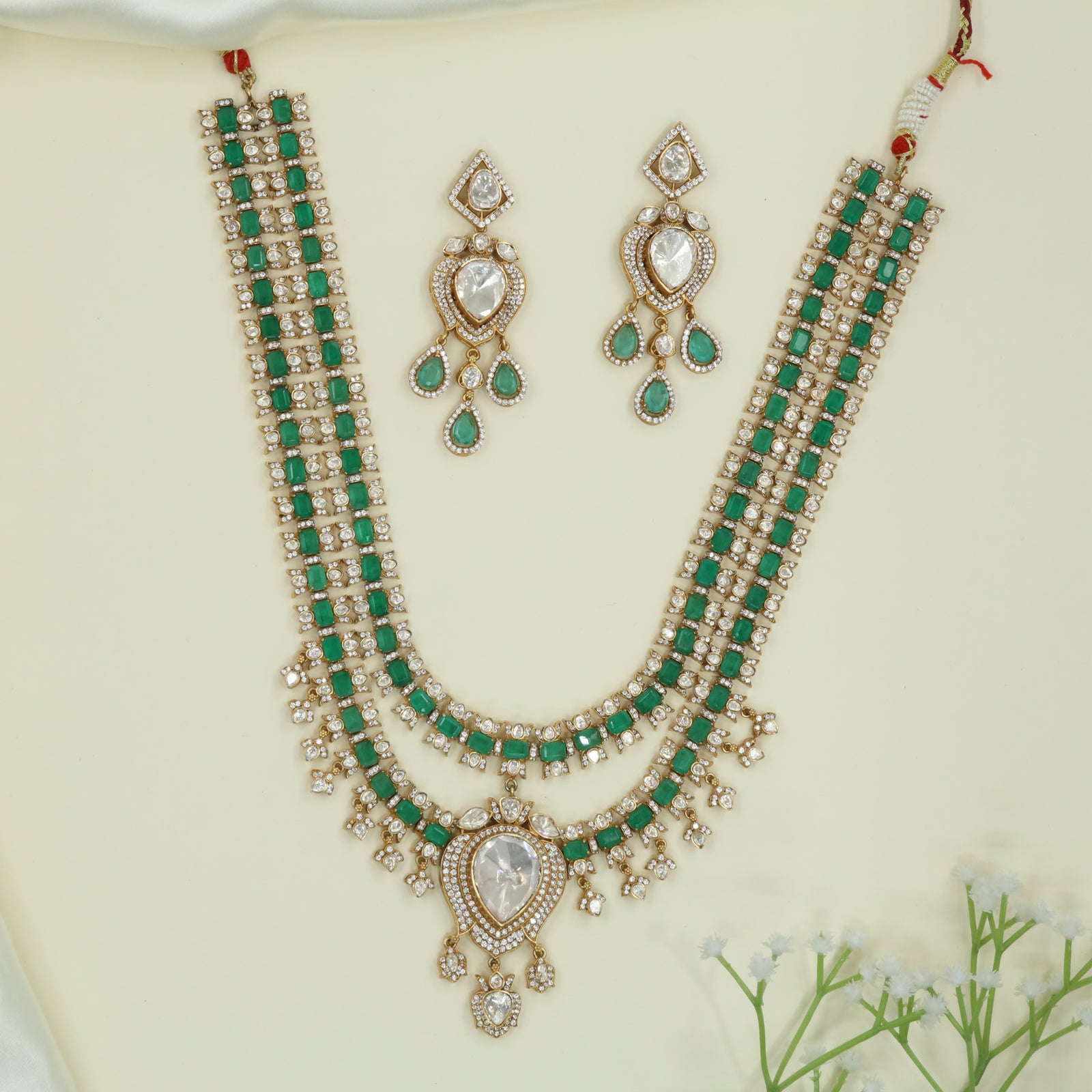 Grid Pattern Long Haara with Double Row Layout and Heart Drop Pendant