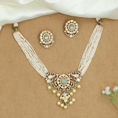 Radiant Bead Draped Kundan Necklace with Round Core Pendant and Drop Clusters