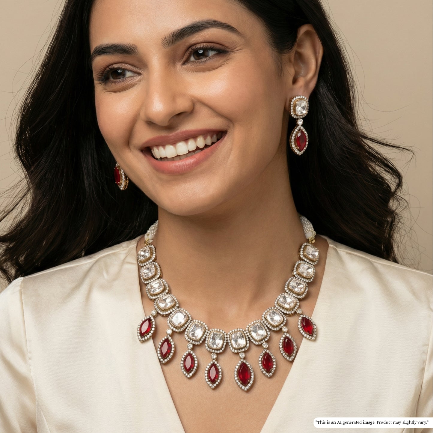Cushion Cut Kundan Necklace with Marquise Drop Fringe and Linked Square Panels