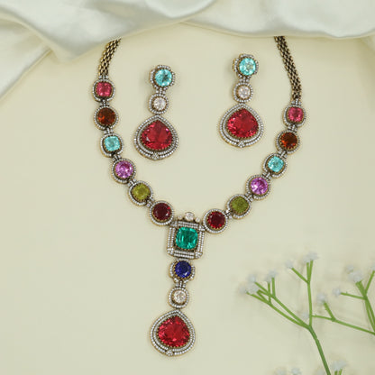 Vibrant Multi Shape Kundan Necklace with Square Center Frame and Drop Pendant