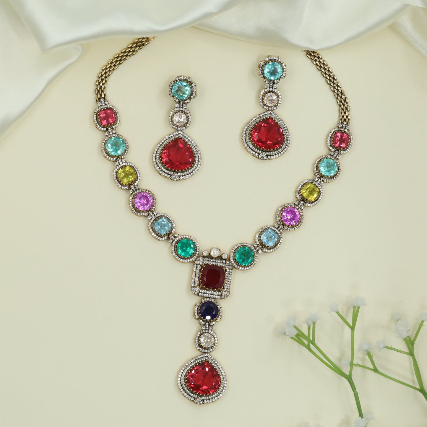 Vibrant Multi Shape Kundan Necklace with Square Center Frame and Drop Pendant
