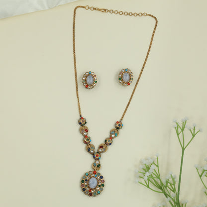 Floral Frame Kundan Necklace with Oval Center Links and Drop Pendant Design