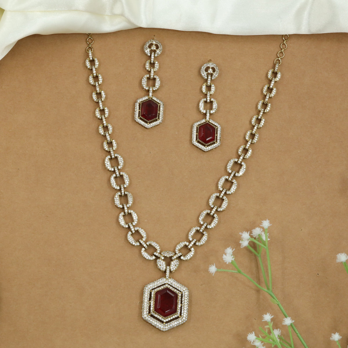 Heavy Link Chain with Structured Pattern and Hanging Hexagon Pendant