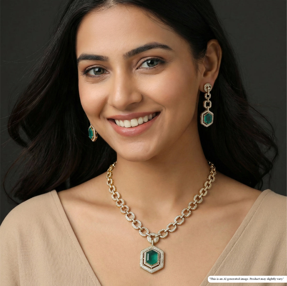 Heavy Link Chain with Structured Pattern and Hanging Hexagon Pendant