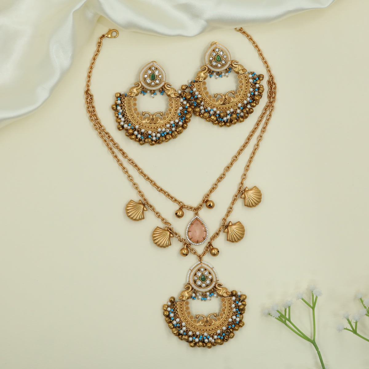 Textured Double Chain Matt Necklace with Shell Charms and Pendant Drop