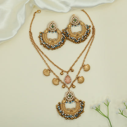 Textured Double Chain Matt Necklace with Shell Charms and Pendant Drop
