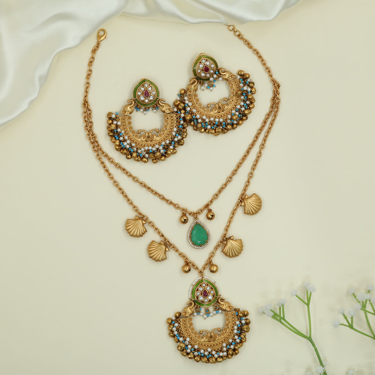 Textured Double Chain Matt Necklace with Shell Charms and Pendant Drop