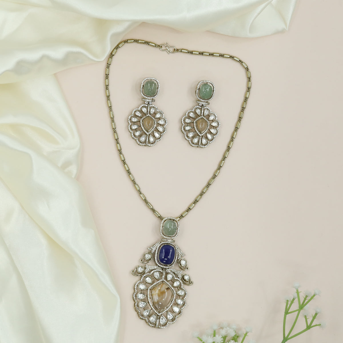 Stylish Chain with Framed Pendant and Decorative Drop Elements