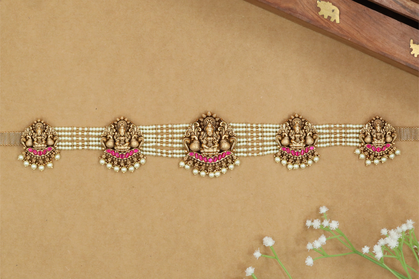 Curved Lakshmi Peacock Antique Waist Belt with Multi Strand Bead Base and Drop Fringe
