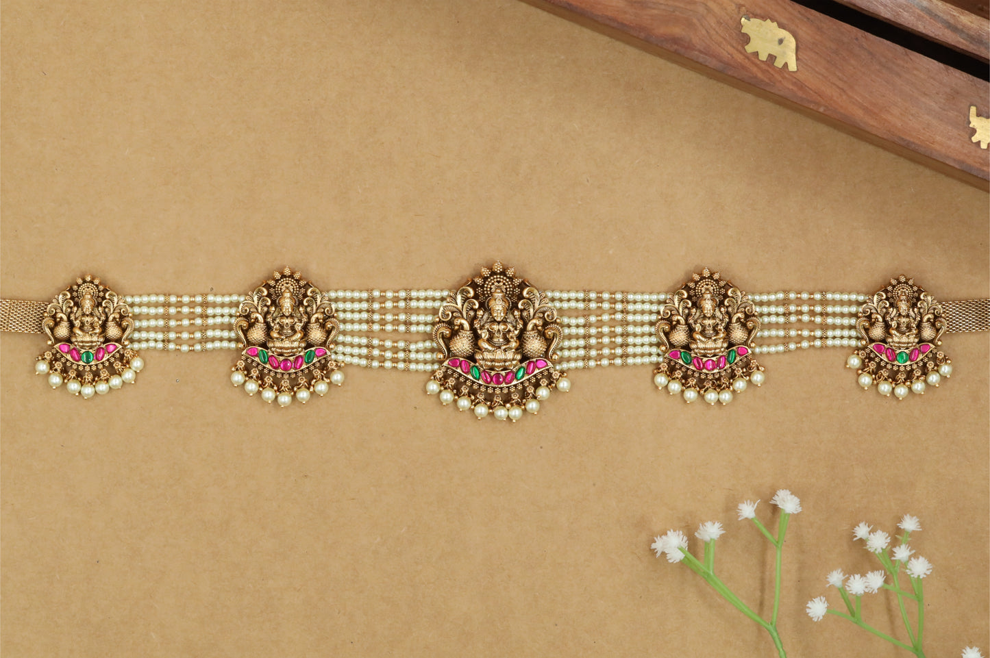 Curved Lakshmi Peacock Antique Waist Belt with Multi Strand Bead Base and Drop Fringe
