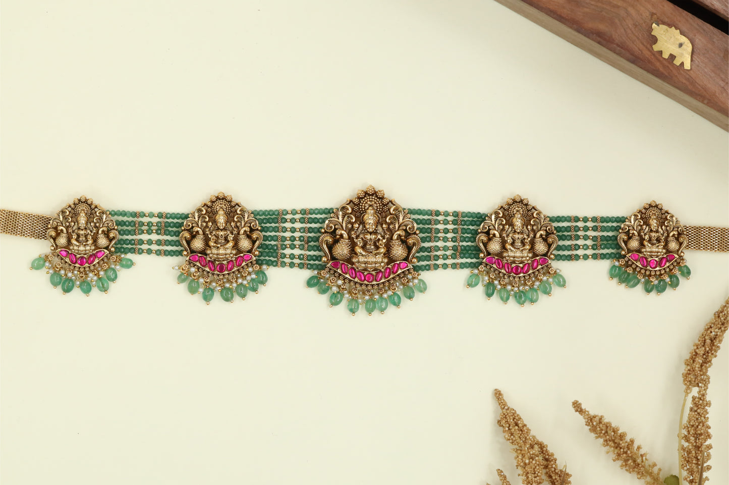 Curved Lakshmi Peacock Antique Waist Belt with Multi Strand Bead Base and Drop Fringe