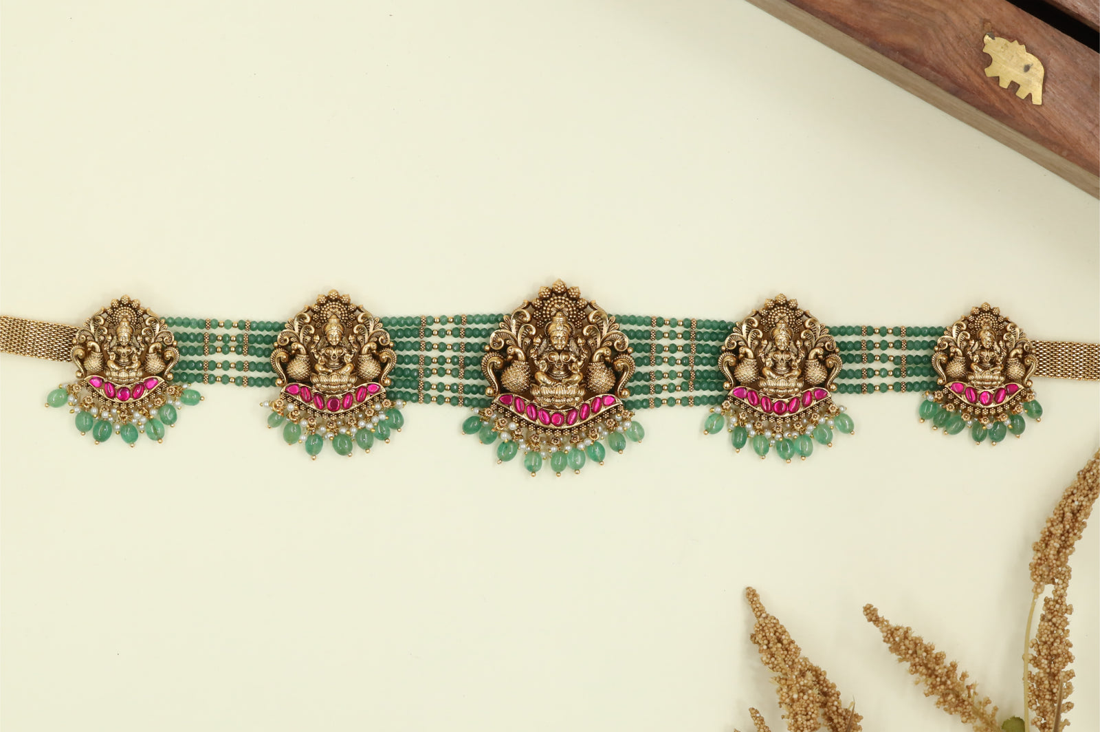 Curved Lakshmi Peacock Antique Waist Belt with Multi Strand Bead Base and Drop Fringe