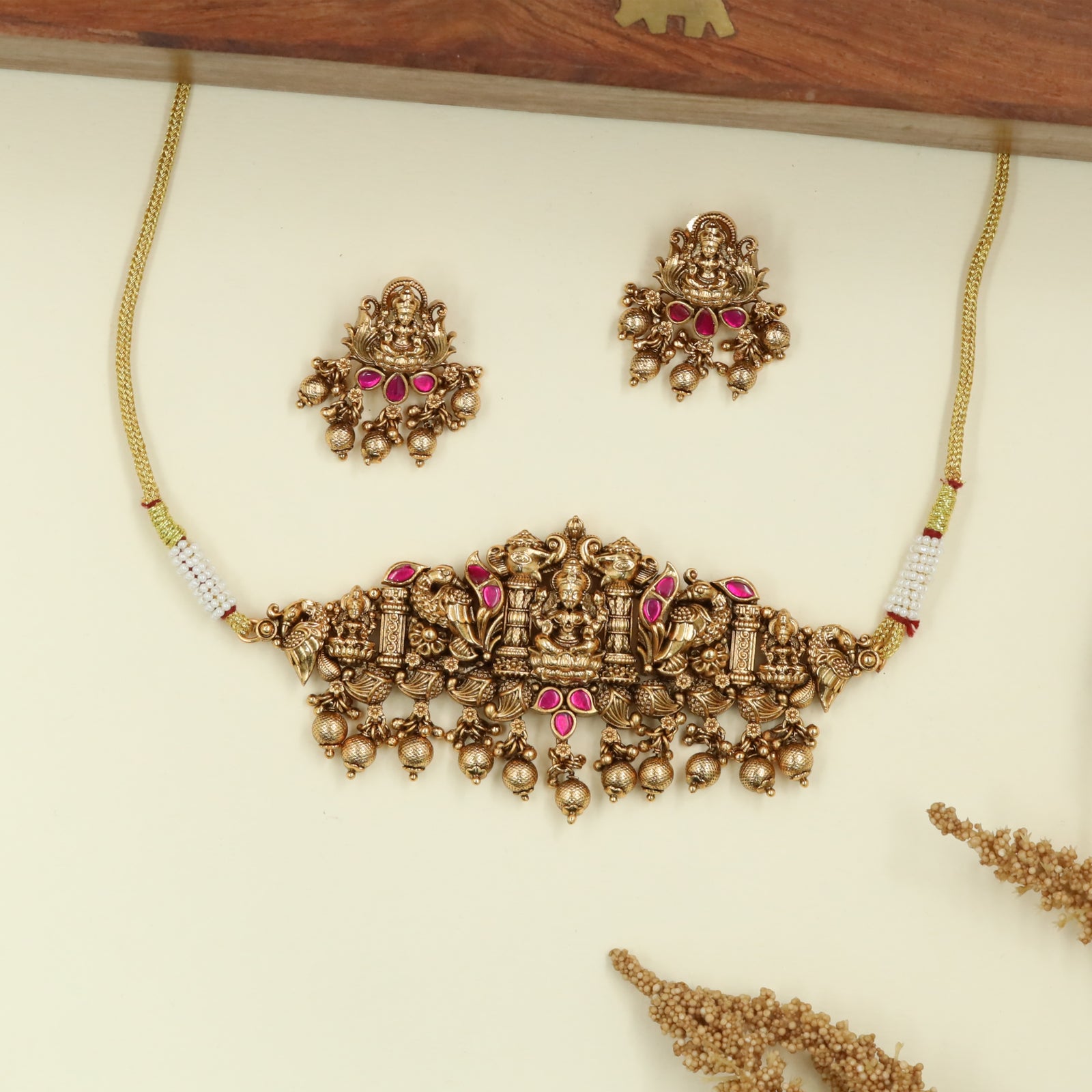 Majestic Lakshmi Antique Choker with Temple Pillar Panels and Drop Danglers