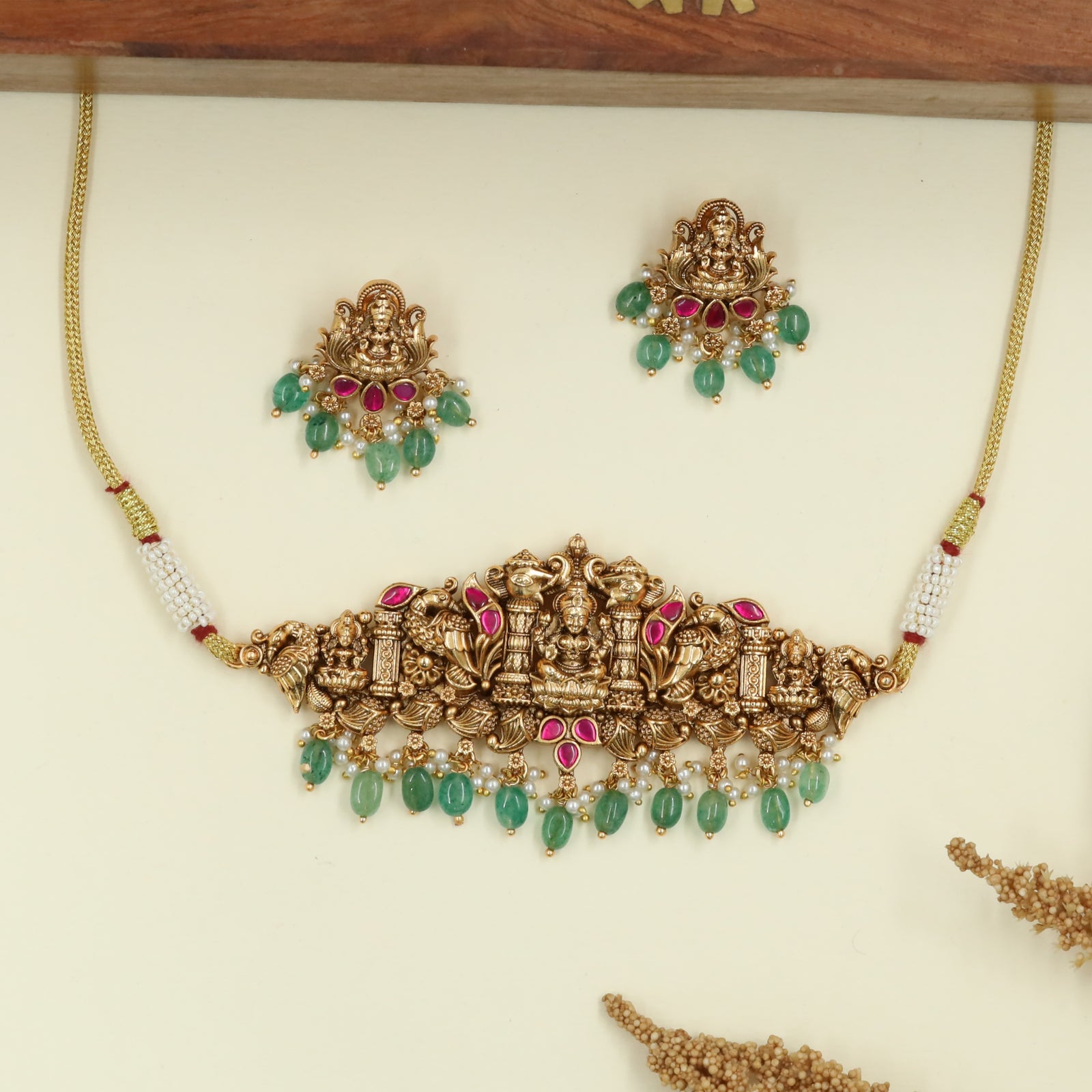 Majestic Lakshmi Antique Choker with Temple Pillar Panels and Drop Danglers